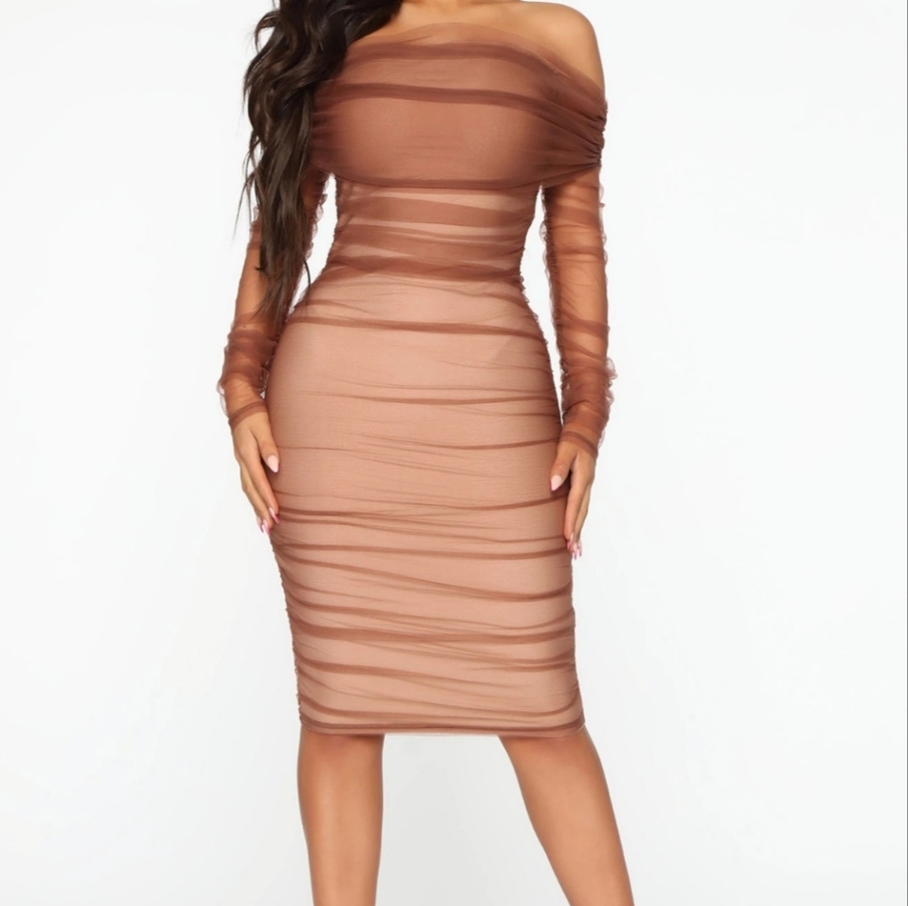 Fashion Nova Taupe Ruched Bandage Midi Dress